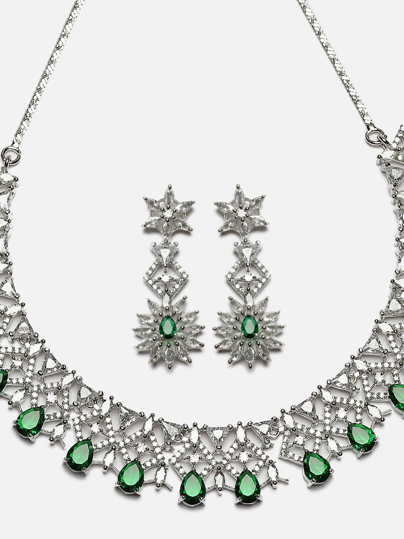 Rhodium-Plated Green & White Dribble Shape American Diamonds Studded Necklace & Earrings Jewellery Set