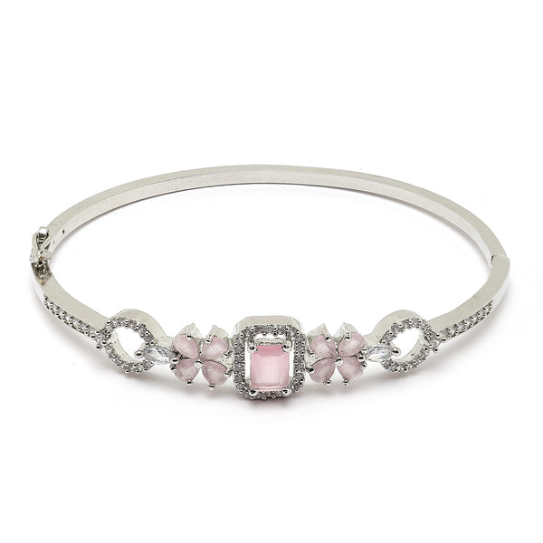 Rhodium-Plated Silver Toned Square Shaped Pink American Diamond Studded Bracelet
