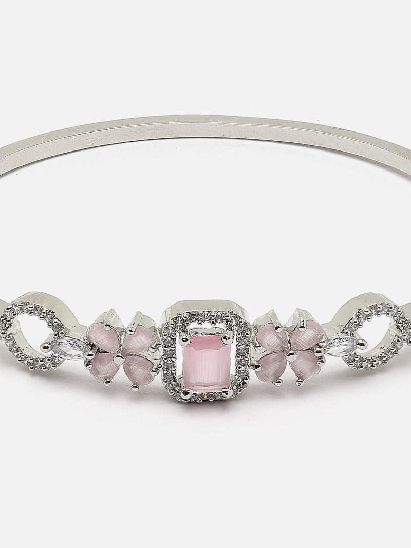 Rhodium-Plated Silver Toned Pink American Diamond Studded Kada Bracelet