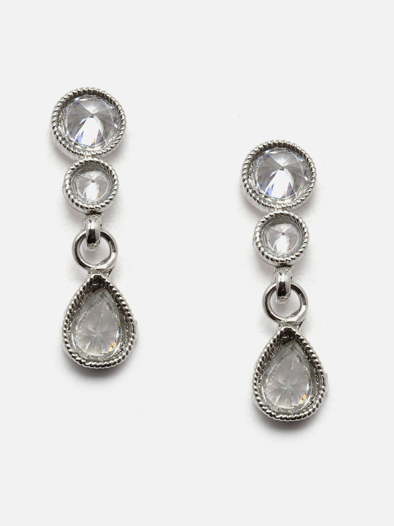 Oxidised Silver-Plated White Round American Diamond Studded Necklace with Earrings Jewellery Set