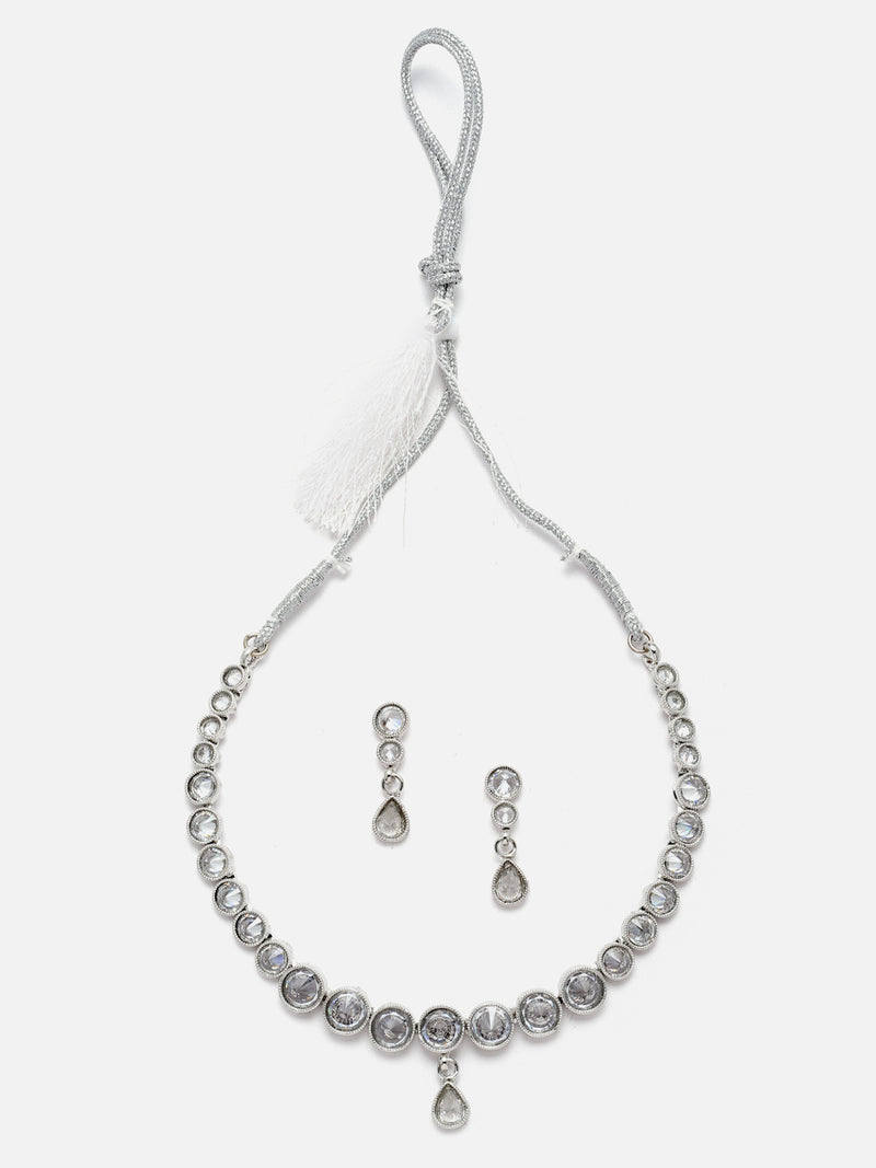 Oxidised Silver-Plated White Round American Diamond Studded Necklace with Earrings Jewellery Set