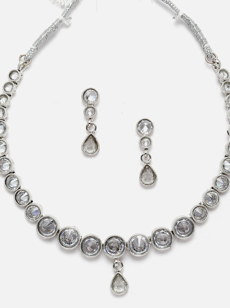 Oxidised Silver-Plated White Round American Diamond Studded Necklace with Earrings Jewellery Set