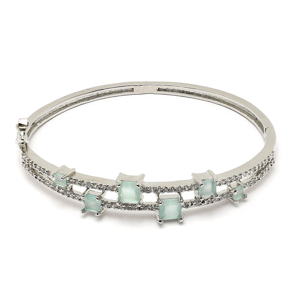 Rhodium-Plated Silver Toned Square Shaped Sea Green American Diamond Studded Bracelet