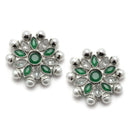Oxidised Silver-Plated Green American Diamond & White Pearl Studded Necklace Earrings Jewellery Set