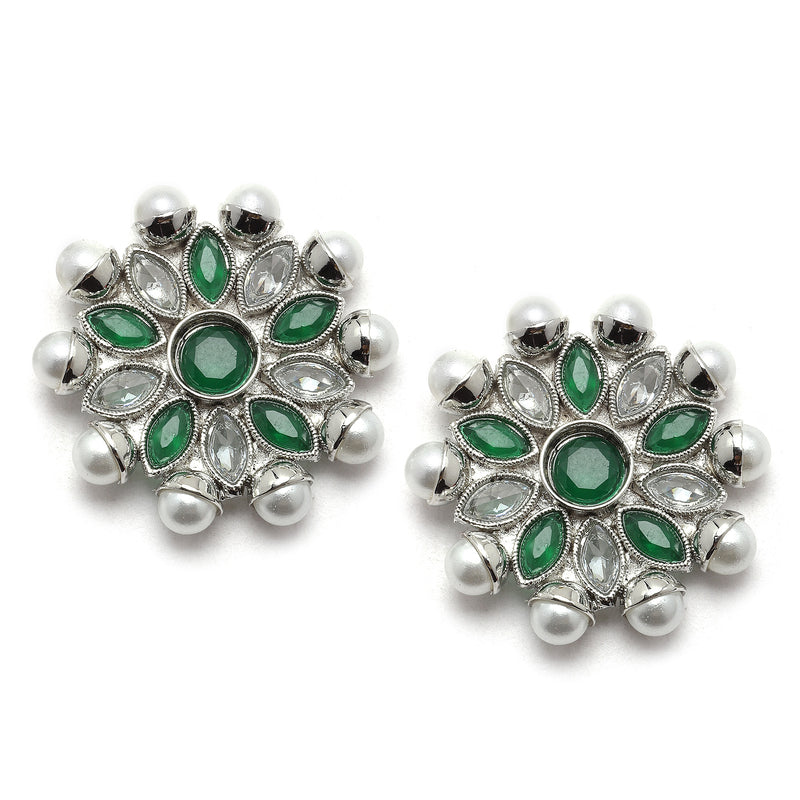 Oxidised Silver-Plated Green American Diamond & White Pearl Studded Necklace Earrings Jewellery Set