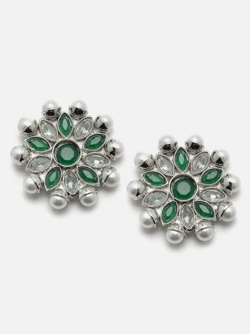 Oxidised Silver-Plated Green American Diamond & White Pearl Studded Necklace Earrings Jewellery Set