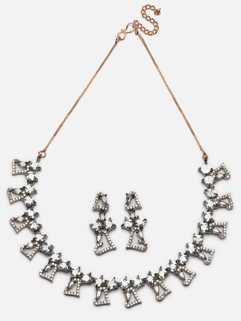 Rose Gold-Plated Gunmetal Toned White American Diamonds Studded Cordate Necklace & Earrings Jewellery Set
