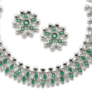 Oxidised Silver-Plated Green American Diamond & White Pearl Studded Necklace Earrings Jewellery Set