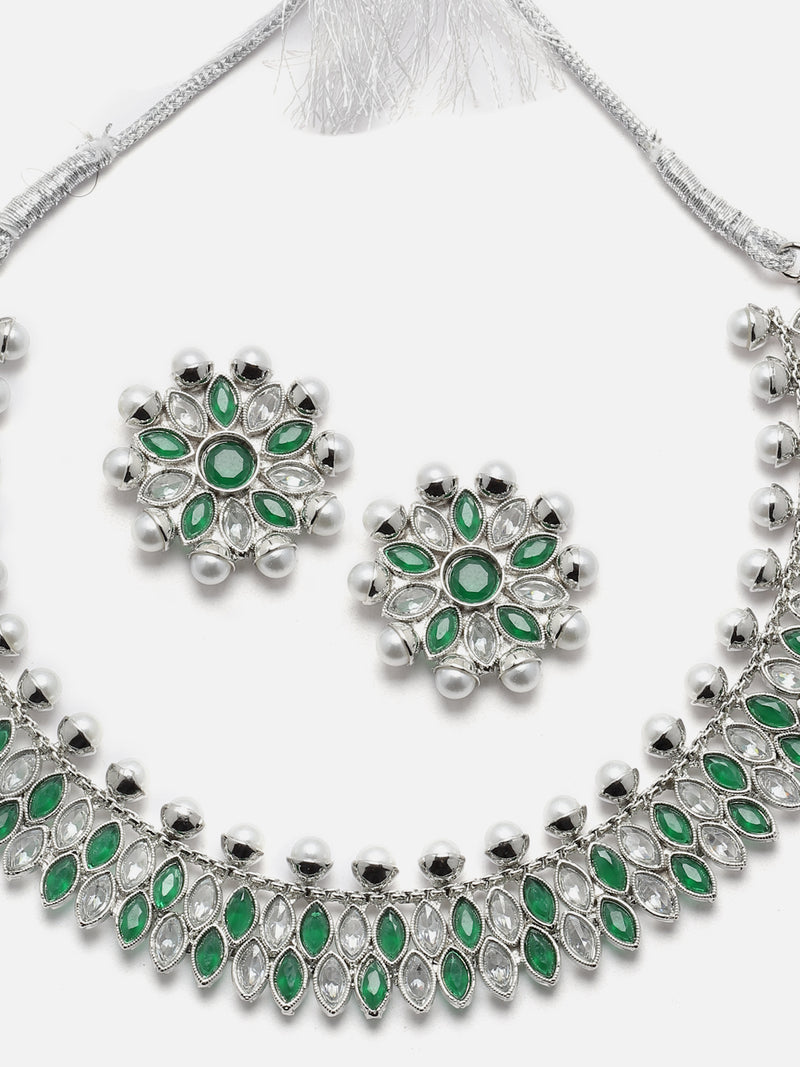 Oxidised Silver-Plated Green American Diamond & White Pearl Studded Necklace Earrings Jewellery Set