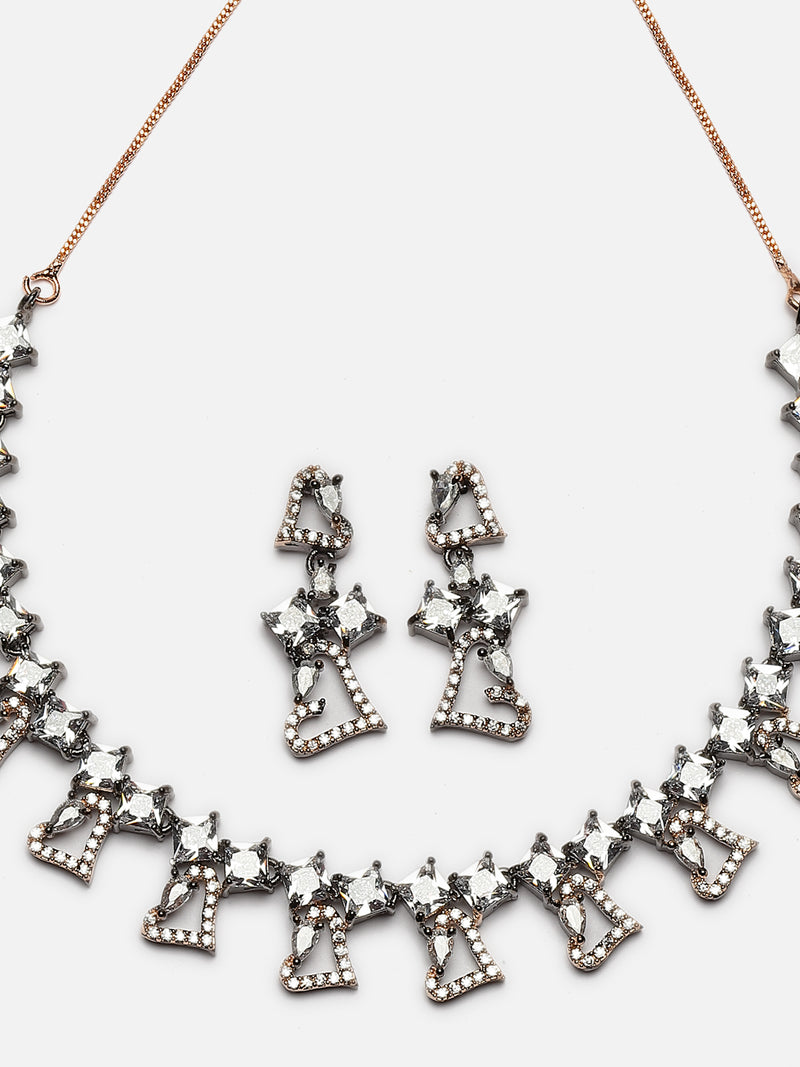 Rose Gold-Plated Gunmetal Toned White American Diamonds Studded Cordate Necklace & Earrings Jewellery Set