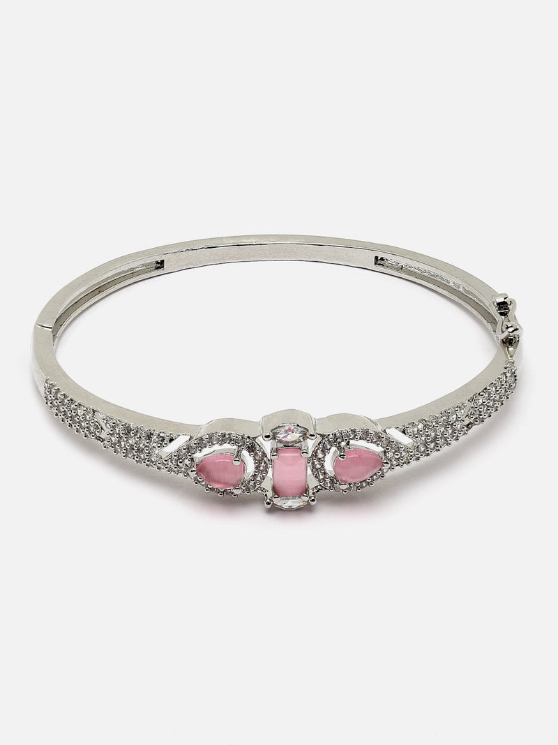 Rhodium-Plated Silver Toned Pink American Diamond Studded Kada Bracelet