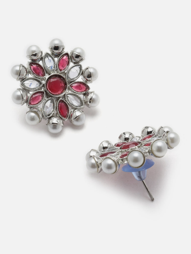 Oxidised Silver-Plated Red American Diamond & White Pearl Studded Necklace Earrings Jewellery Set