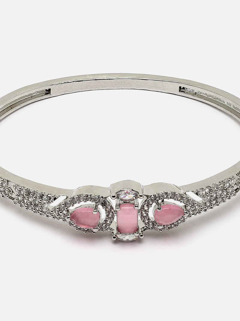 Rhodium-Plated Silver Toned Pink American Diamond Studded Kada Bracelet