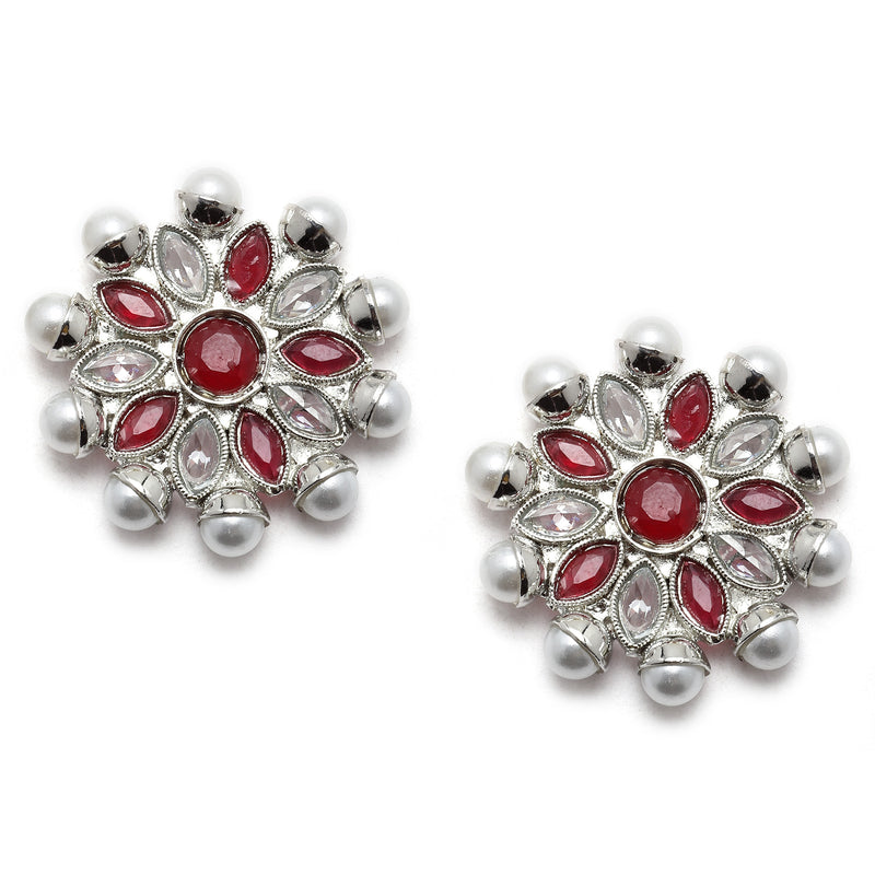 Oxidised Silver-Plated Red American Diamond & White Pearl Studded Necklace Earrings Jewellery Set