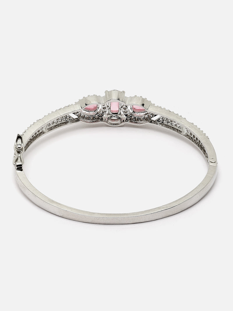 Rhodium-Plated Silver Toned Pink American Diamond Studded Kada Bracelet