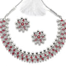 Oxidised Silver-Plated Red American Diamond & White Pearl Studded Necklace Earrings Jewellery Set