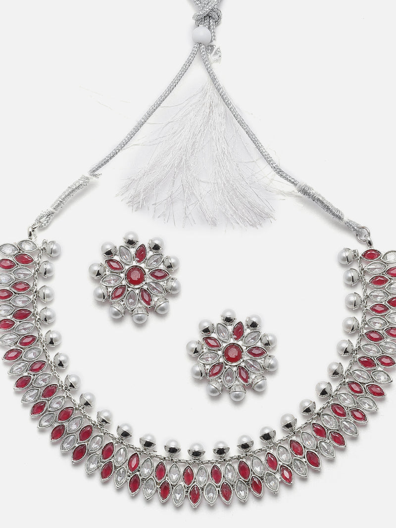 Oxidised Silver-Plated Red American Diamond & White Pearl Studded Necklace Earrings Jewellery Set