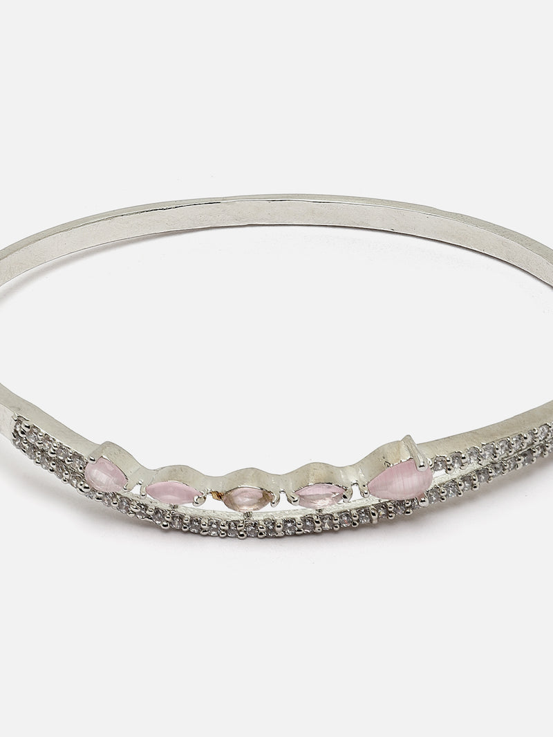 Rhodium-Plated Silver Toned Pink Teardrop Shape American Diamond Studded Kada Bracelet