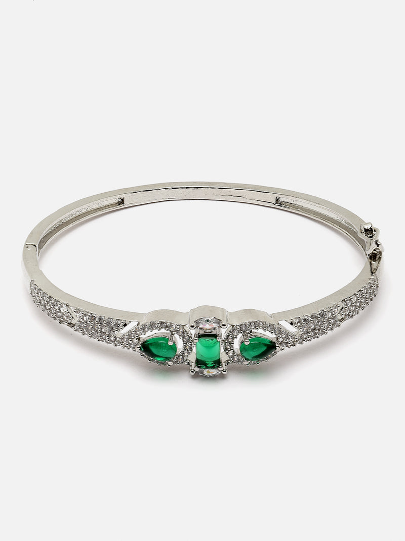 Rhodium-Plated Green Teardrop & Square Shape American Diamond Studded Kada Bracelet
