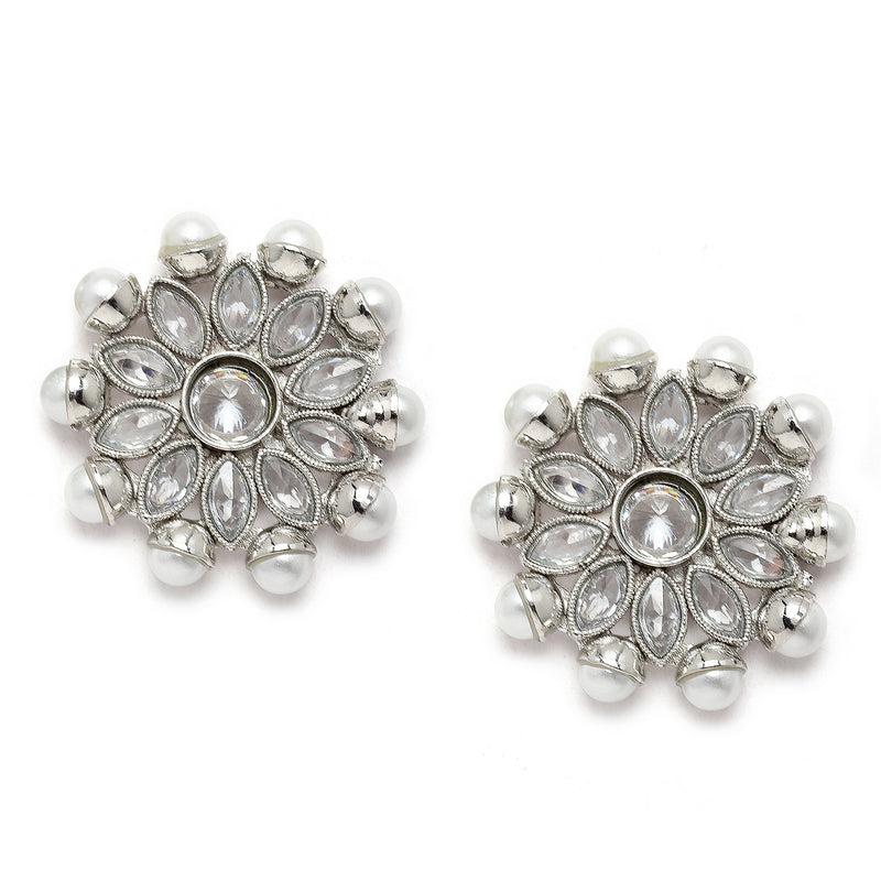 Oxidised Silver-Plated White American Diamond & White Pearl Studded Necklace Earrings Jewellery Set