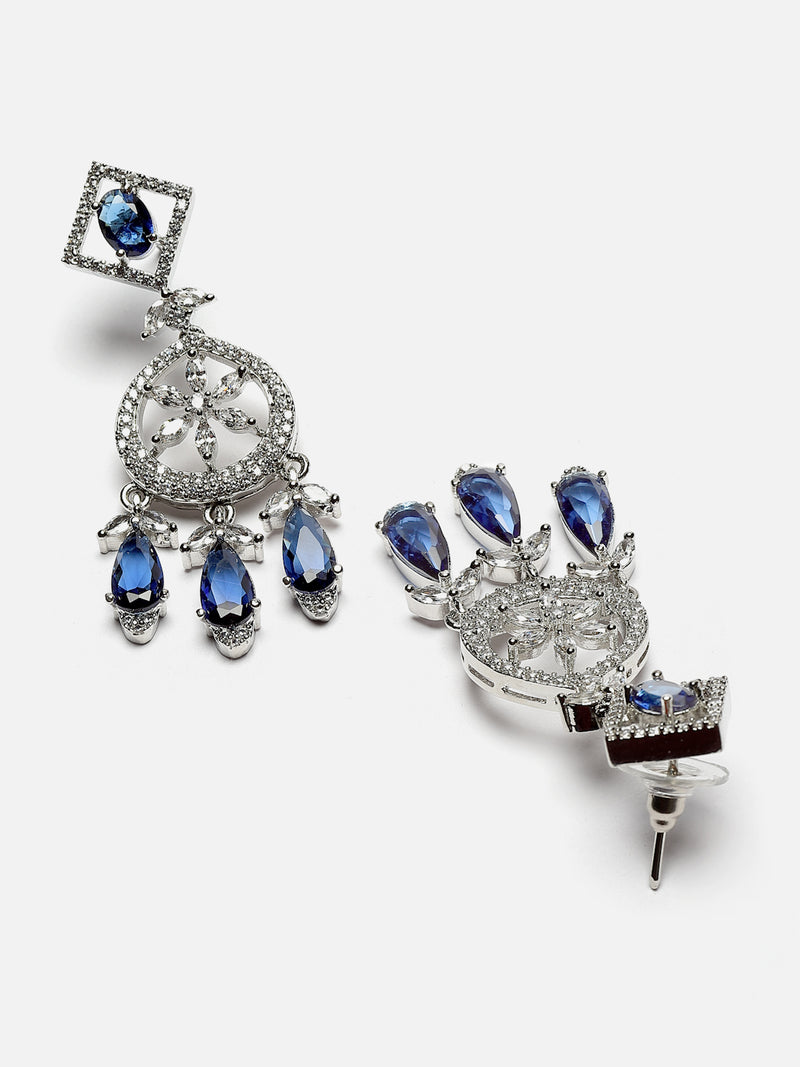 Rhodium-Plated Navy Blue Baguette Teardrops American Diamonds Studded Necklace & Earrings Jewellery Set