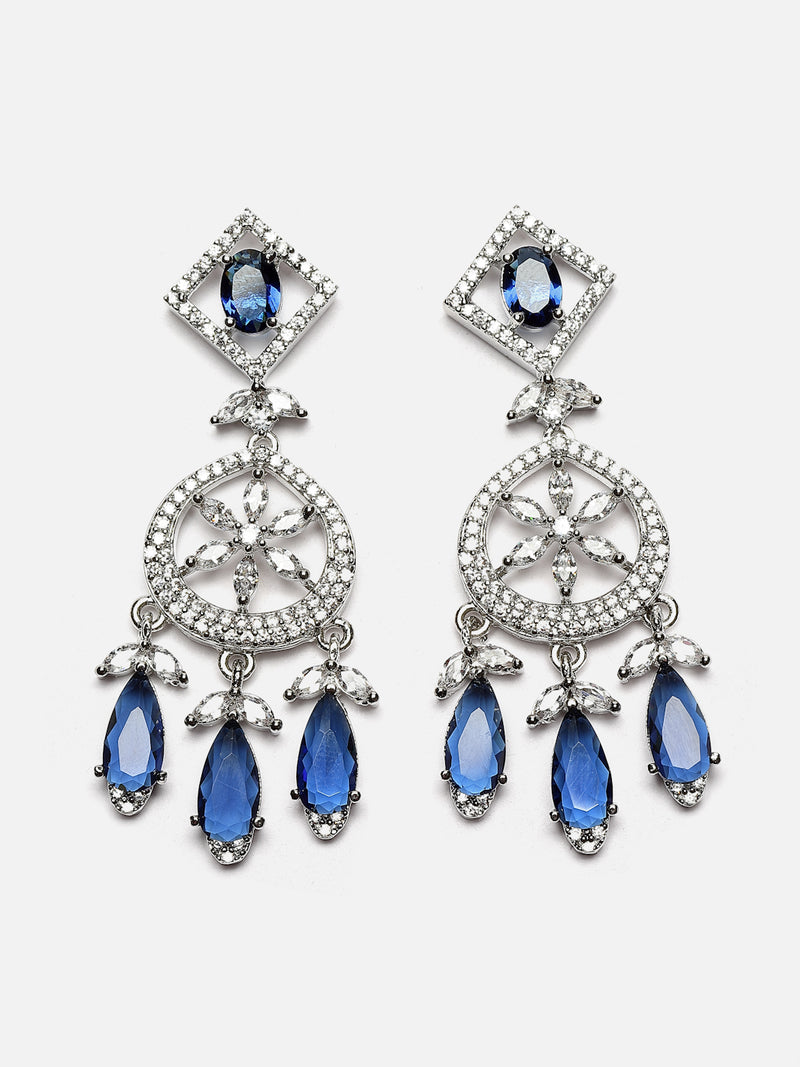 Rhodium-Plated Navy Blue Baguette Teardrops American Diamonds Studded Necklace & Earrings Jewellery Set