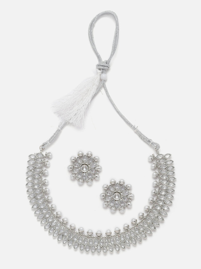 Oxidised Silver-Plated White American Diamond & White Pearl Studded Necklace Earrings Jewellery Set