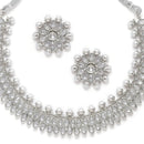 Oxidised Silver-Plated White American Diamond & White Pearl Studded Necklace Earrings Jewellery Set