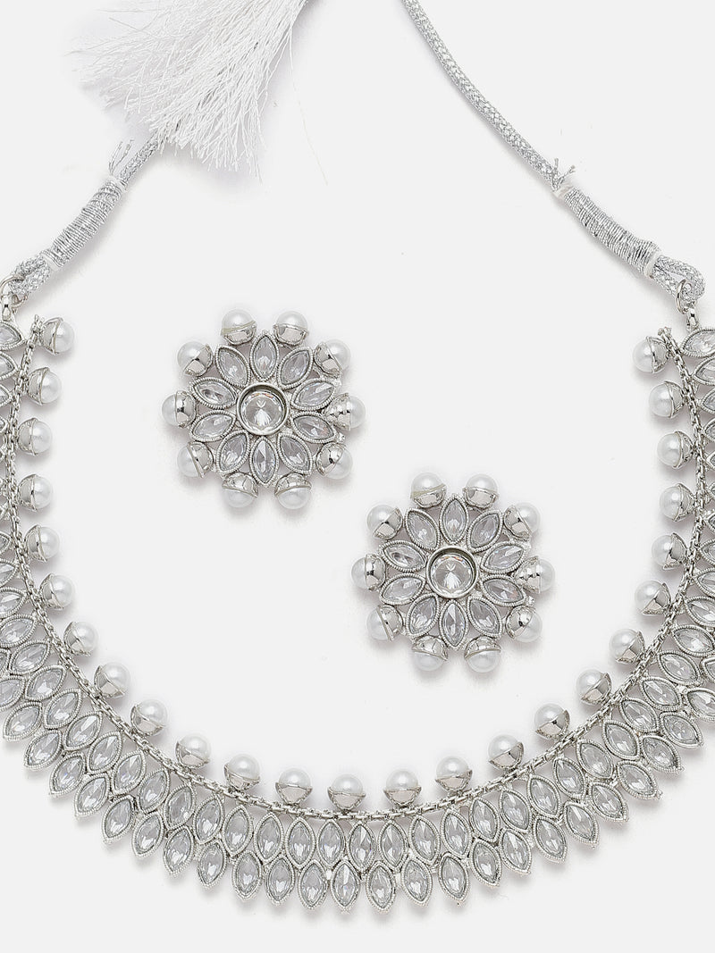 Oxidised Silver-Plated White American Diamond & White Pearl Studded Necklace Earrings Jewellery Set
