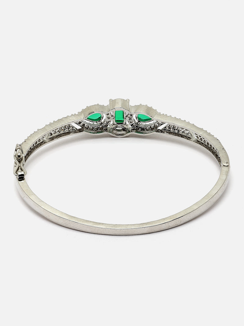 Rhodium-Plated Green Teardrop & Square Shape American Diamond Studded Kada Bracelet