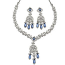 Rhodium-Plated Navy Blue Baguette Teardrops American Diamonds Studded Necklace & Earrings Jewellery Set