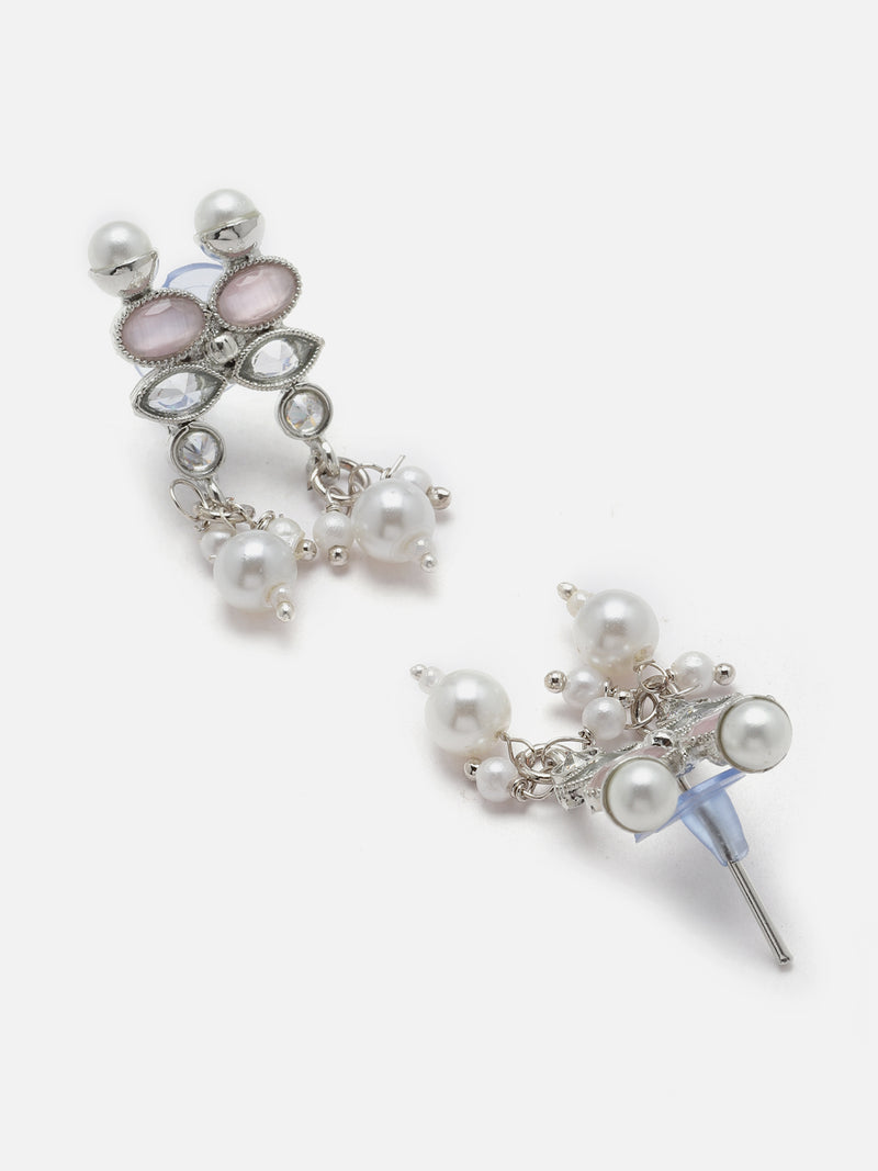 Oxidised Silver-Plated Pink American Diamond & White Pearl Studded Necklace Earrings Jewellery Set