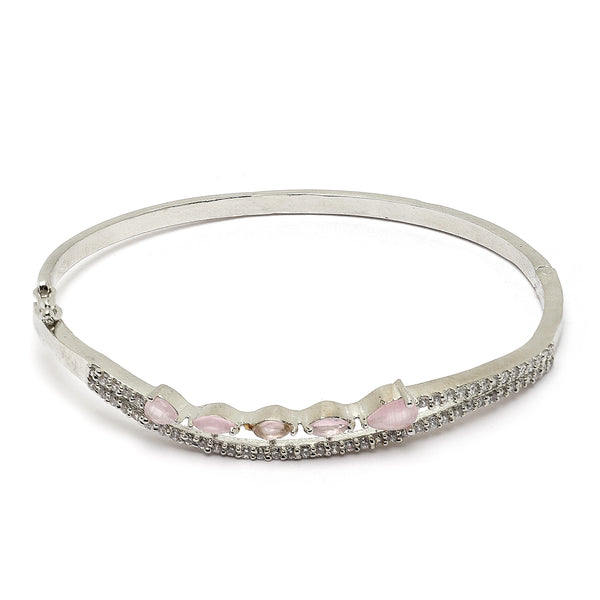Rhodium-Plated Silver Toned Pink Teardrop Shape American Diamond Studded Bracelet