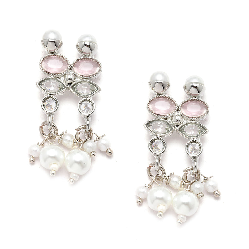 Oxidised Silver-Plated Pink American Diamond & White Pearl Studded Necklace Earrings Jewellery Set