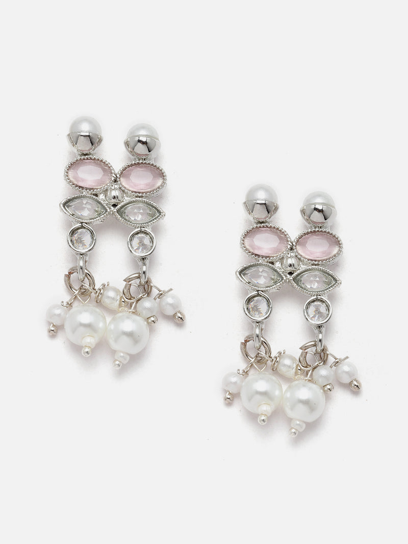 Oxidised Silver-Plated Pink American Diamond & White Pearl Studded Necklace Earrings Jewellery Set