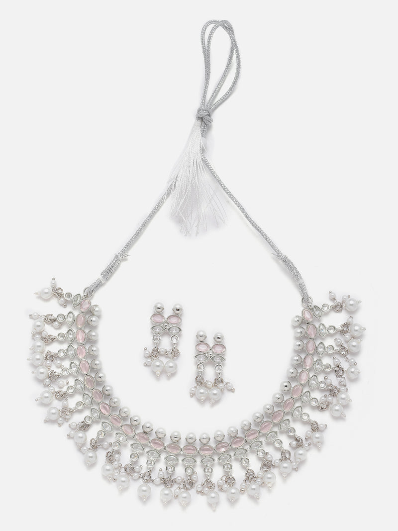 Oxidised Silver-Plated Pink American Diamond & White Pearl Studded Necklace Earrings Jewellery Set