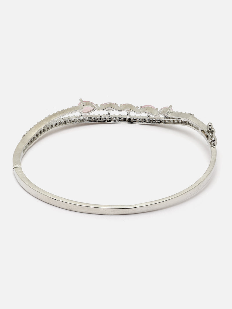 Rhodium-Plated Silver Toned Pink Teardrop Shape American Diamond Studded Kada Bracelet