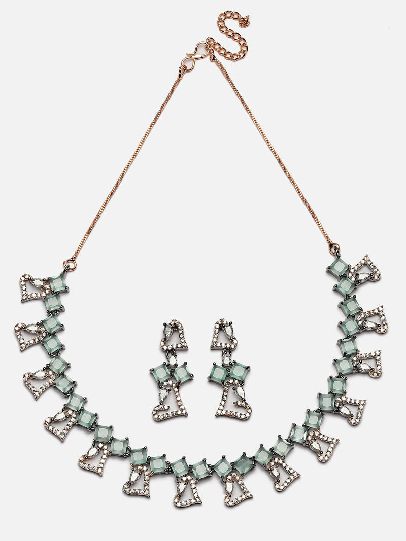 Rose Gold-Plated Gunmetal Toned Sea Green American Diamonds Studded Cordate Necklace & Earrings