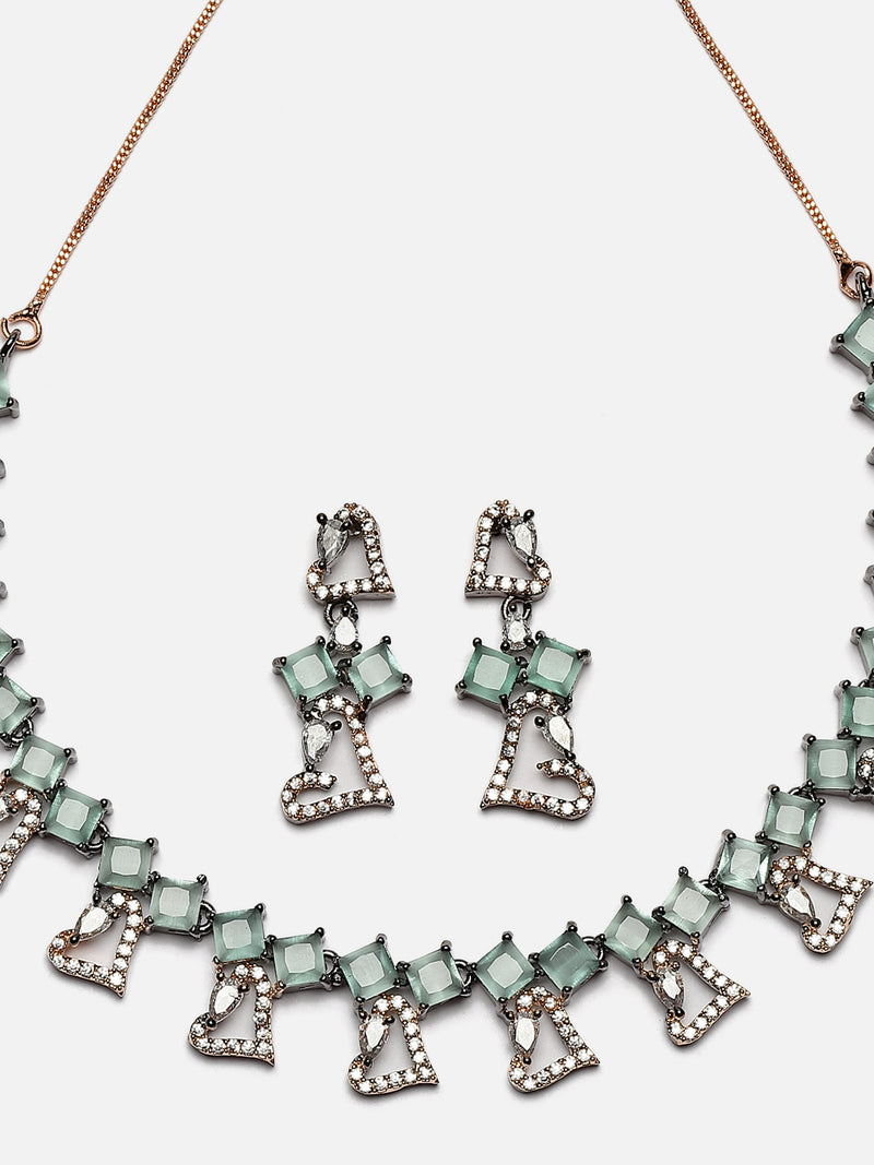 Rose Gold-Plated Gunmetal Toned Sea Green American Diamonds Studded Cordate Necklace & Earrings