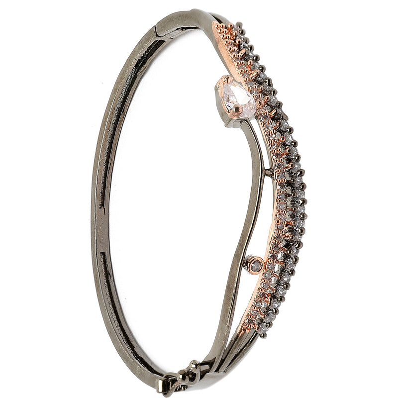 Rose Gold-Plated Black Toned Pink American Diamond Studded Kada Bracelet