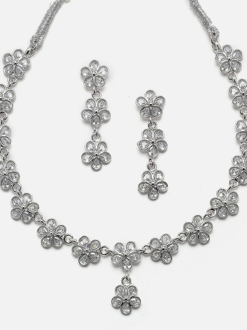 Oxidised Silver-Plated Flower Shaped White American Diamond Studded Necklace with Earrings Jewellery Set