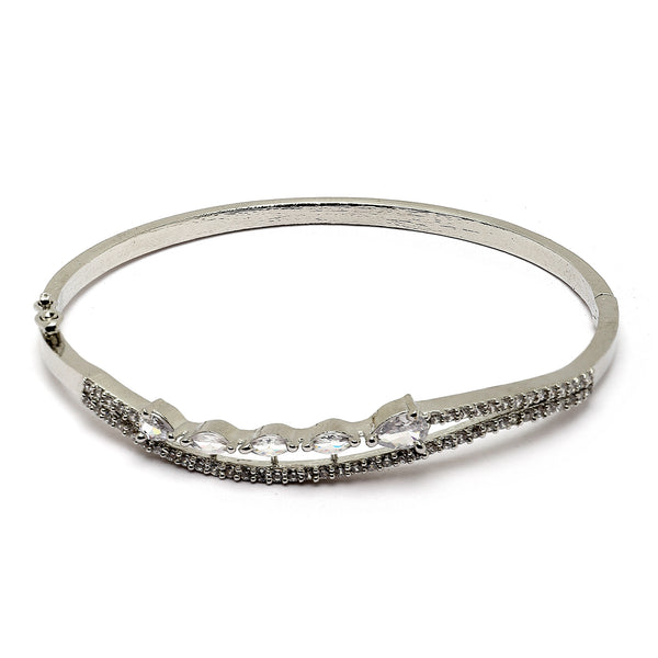 Rhodium-Plated Silver Toned White Teardrop Shape American Diamond Studded Bracelet