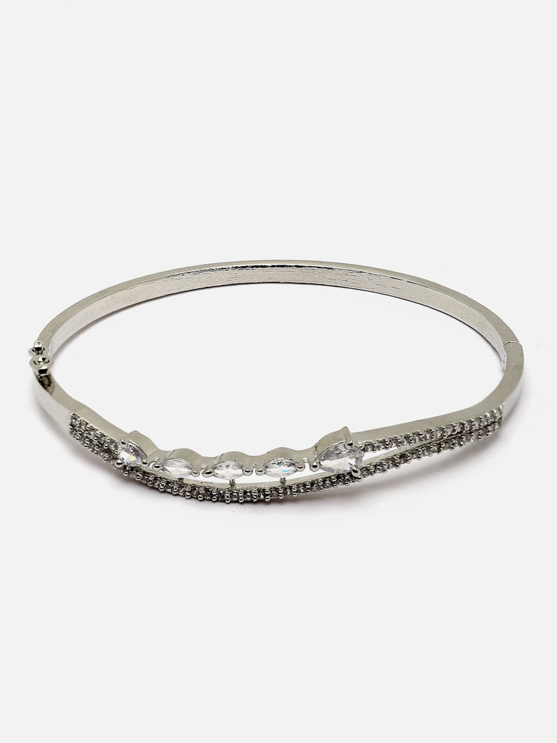 Rhodium-Plated Silver Toned Grey Teardrop Shape American Diamond Studded Kada Bracelet