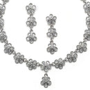 Oxidised Silver-Plated Flower Shaped White American Diamond Studded Necklace with Earrings Jewellery Set