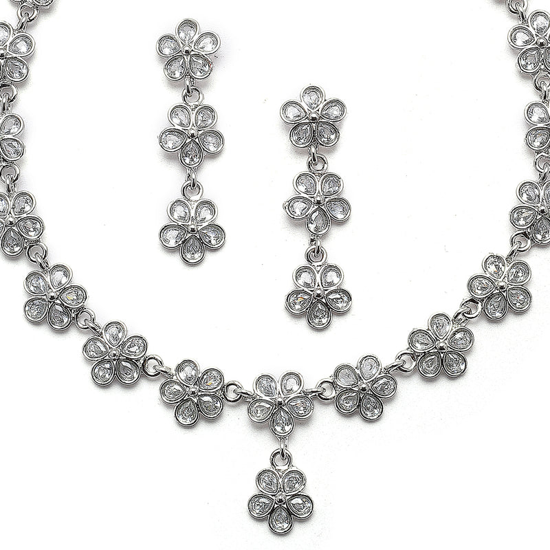 Oxidised Silver-Plated Flower Shaped White American Diamond Studded Necklace with Earrings Jewellery Set