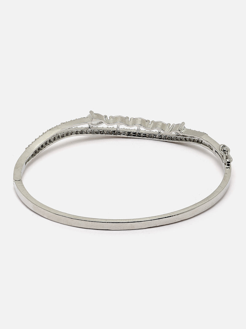 Rhodium-Plated Silver Toned Grey Teardrop Shape American Diamond Studded Kada Bracelet