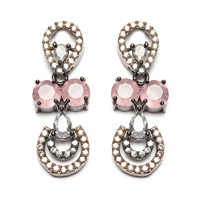 Rose Gold-Plated Gunmetal Toned Pink American Diamonds Studded Contemporary Necklace & Earrings Jewellery Set