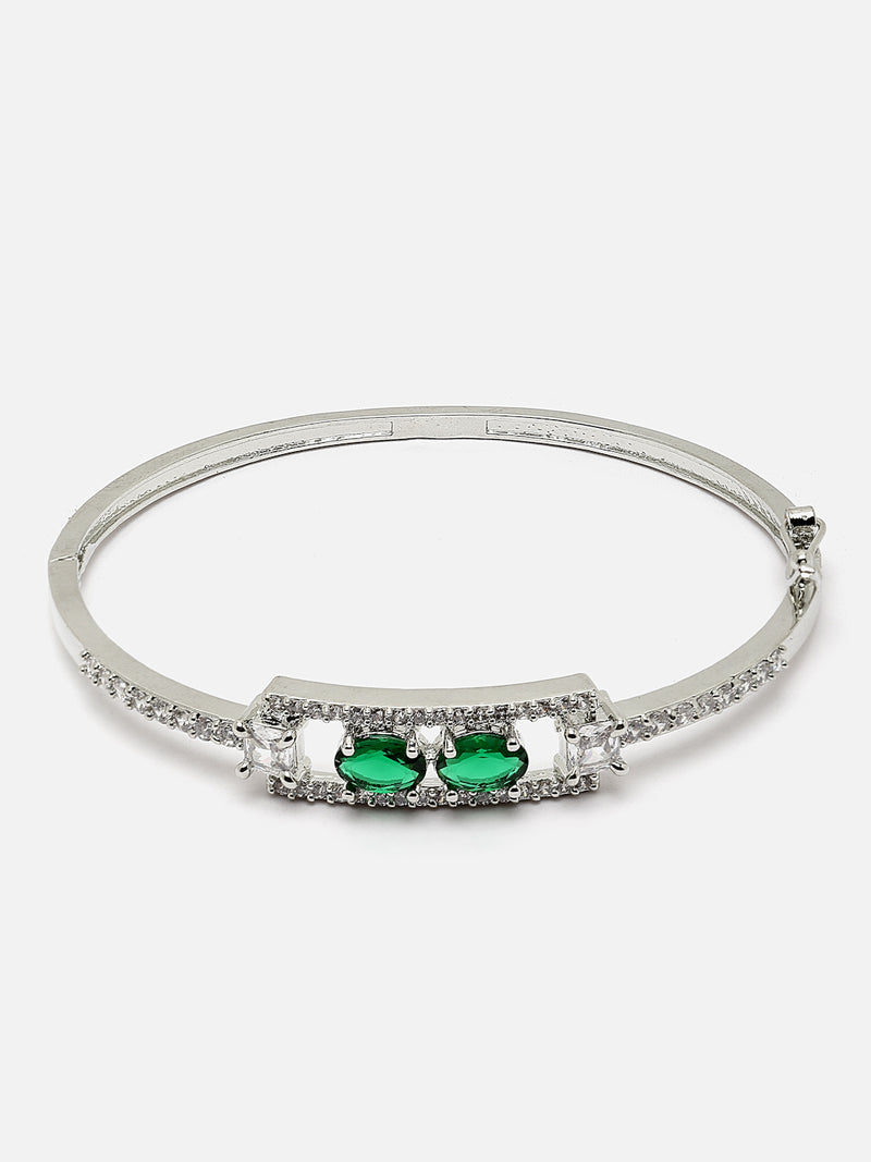 Rhodium-Plated Silver Toned Green American Diamond Studded Kada Bracelet