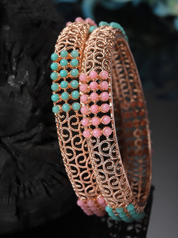 Set Of 2 Rose Gold-Plated Pink and Green Pearls studded Paisley Textured Handcrafted Bangles