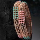 Set Of 2 Rose Gold-Plated Pink and Green Pearls studded Paisley Textured Handcrafted Bangles